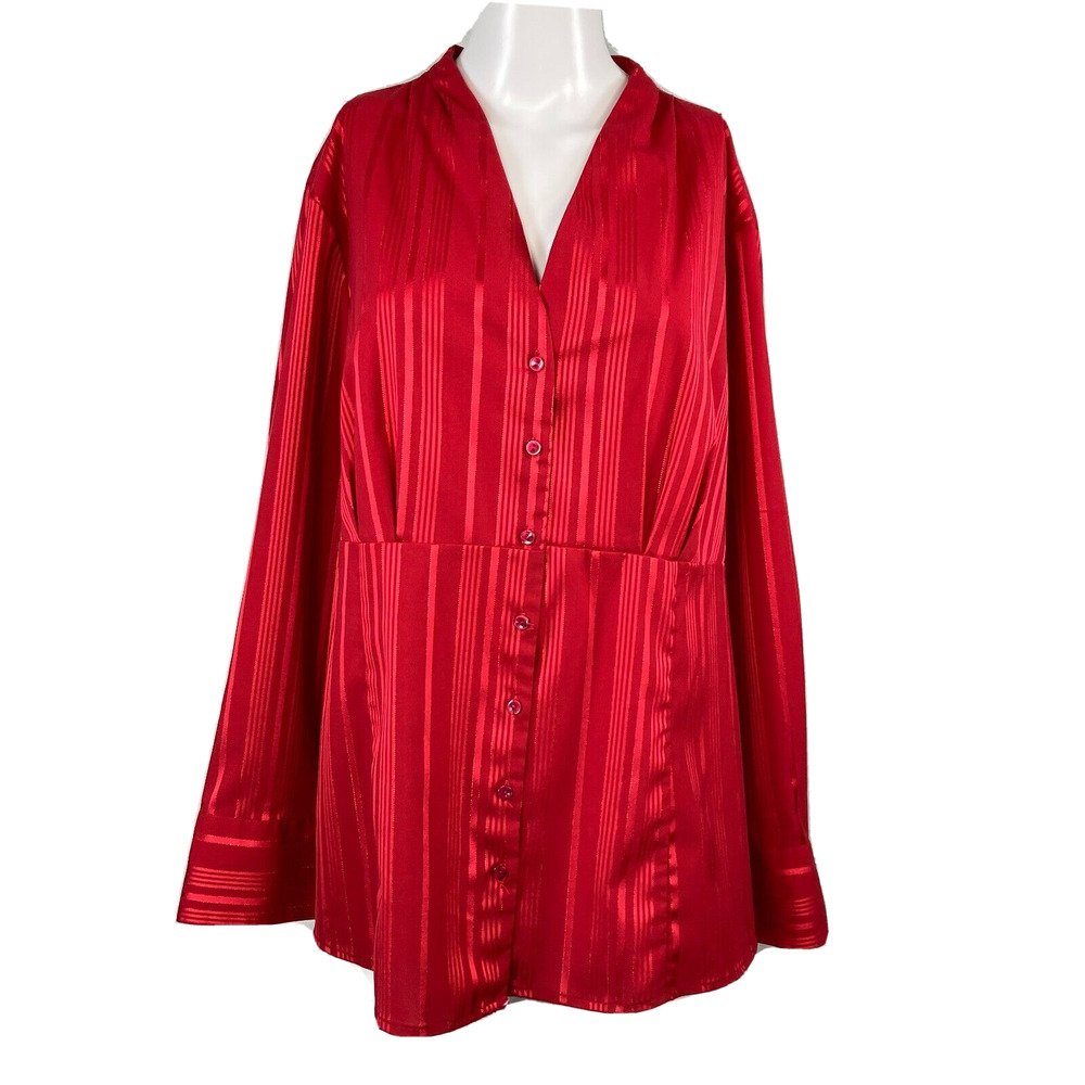 Fred David Shirt Womens Sz 1X Red Gold Striped Long Sleeve‎ Button Up Dress